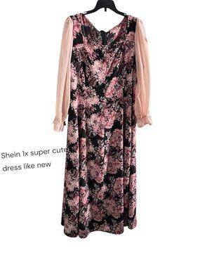 SHEIN Black Floral Maxi Dress with Pink Sheer Sleeves